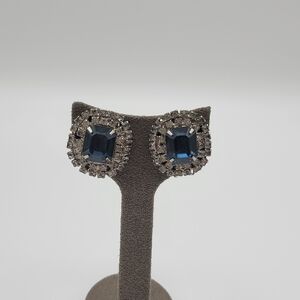 Vintage Hobe Dark Blue Rhinestone Clip on Silver tone Earrings